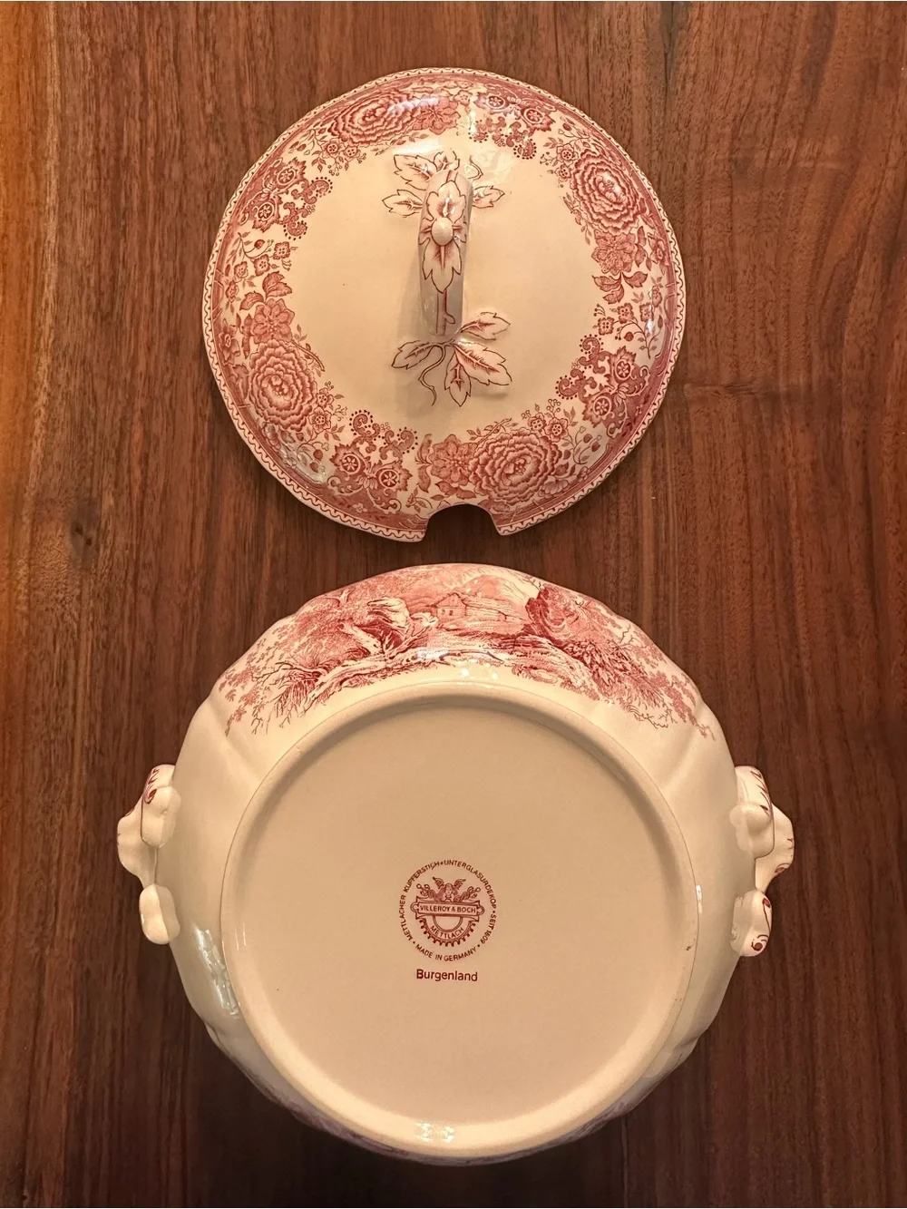 Vintage Villeroy & Boch White and Red Transferware Covered Serving Tureen